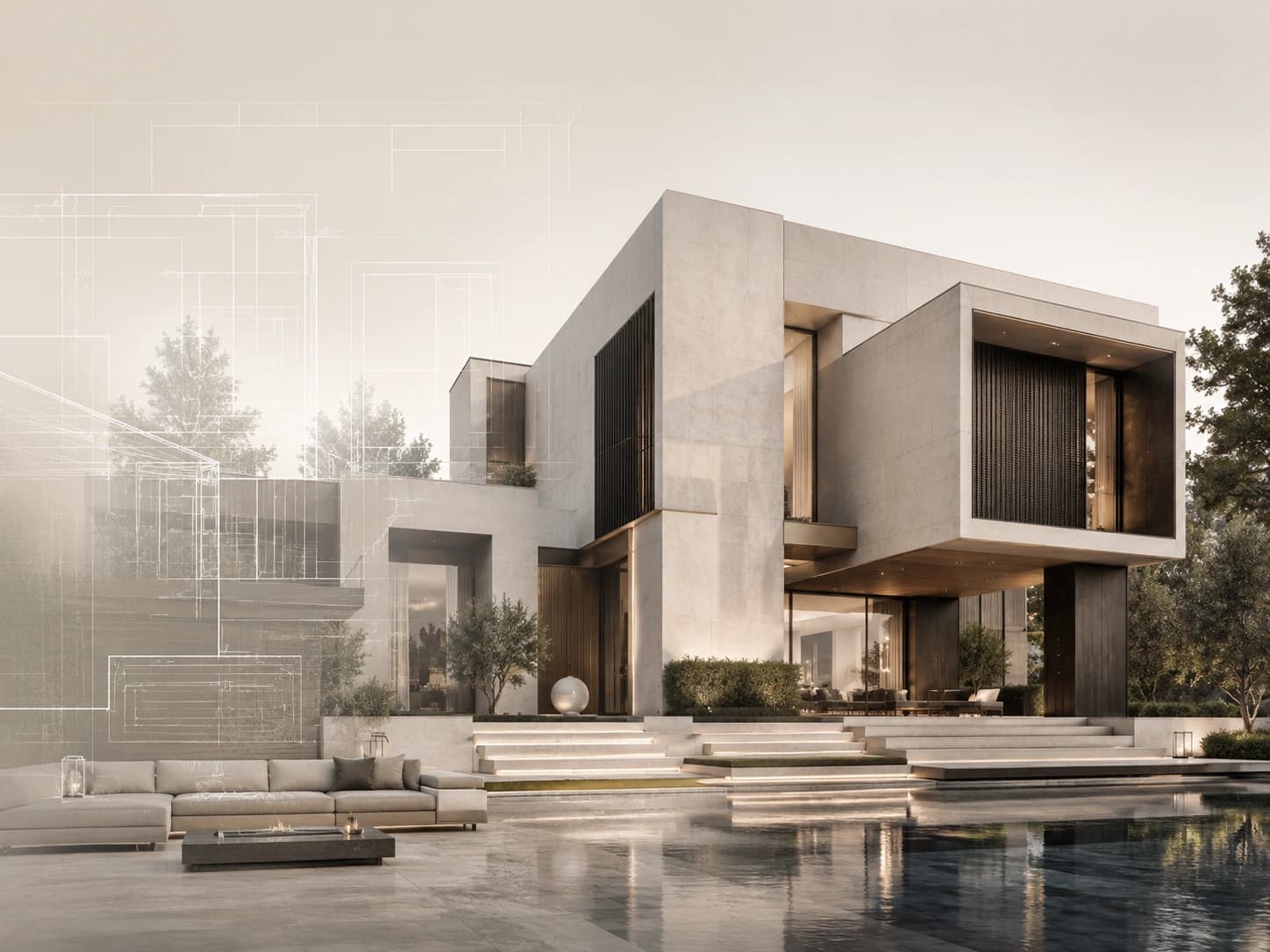 تصور معماري لمبنى سكني حديث مع خطوط تصميمية توضيحية